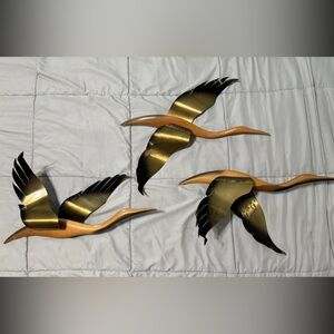 Vintage Set of Three Wood and Brass Geese In Flight Wall Decor
